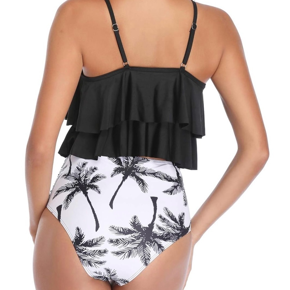 Palm Tree Ruffled High Waisted Tummy Control Tankini Set - Picture 5 of 9